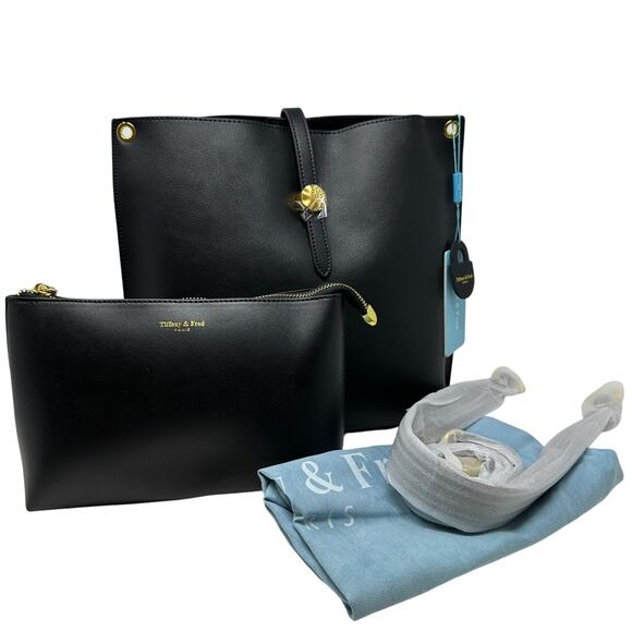 Tiffany & Fred Paris Smooth Leather Shoulder Bag With Small Pouch Black NEW - Picture 1 of 6